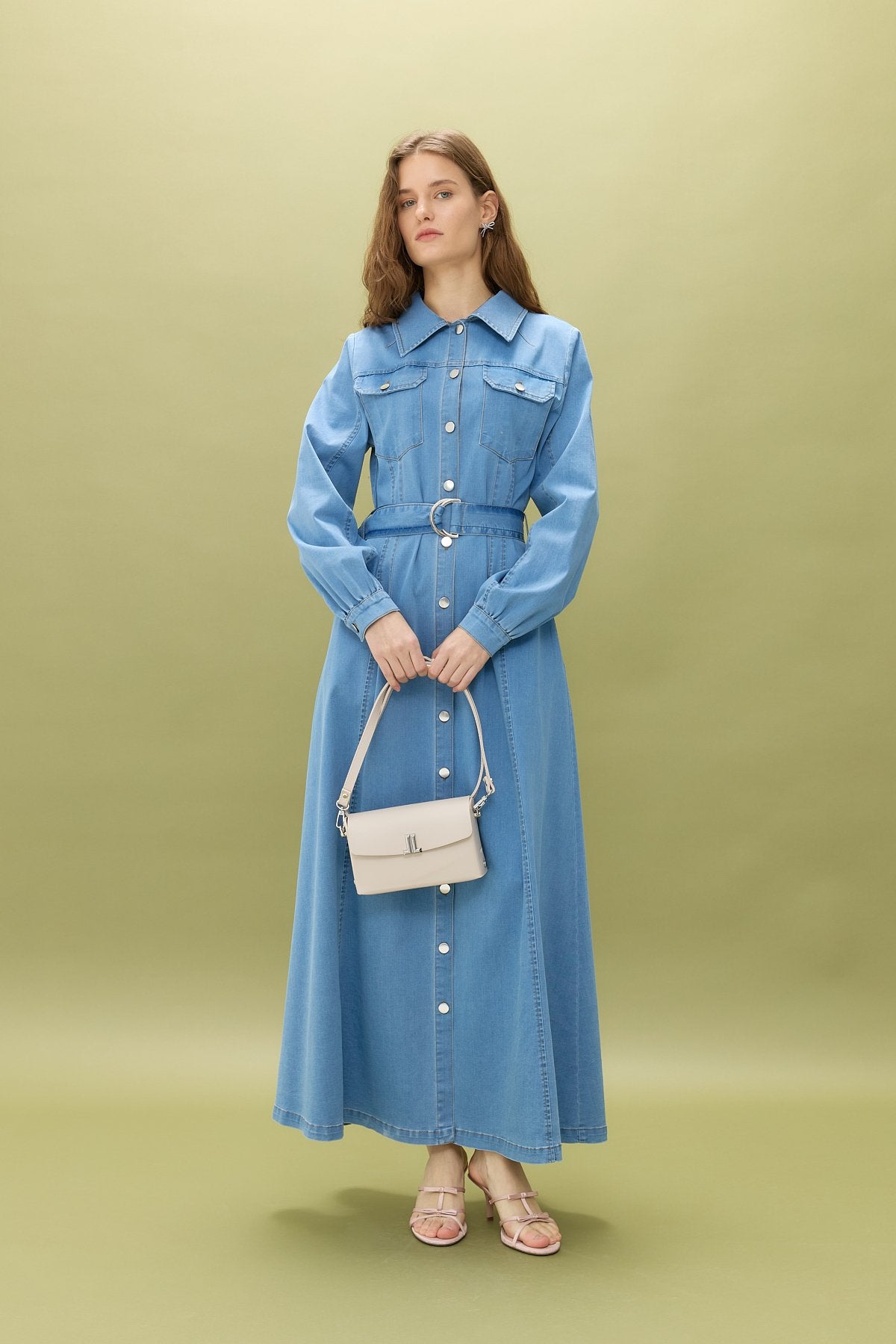 Önden Düğmeli Kot Denim Elbise - Buz