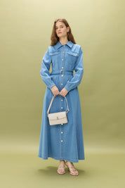 Önden Düğmeli Kot Denim Elbise - Buz