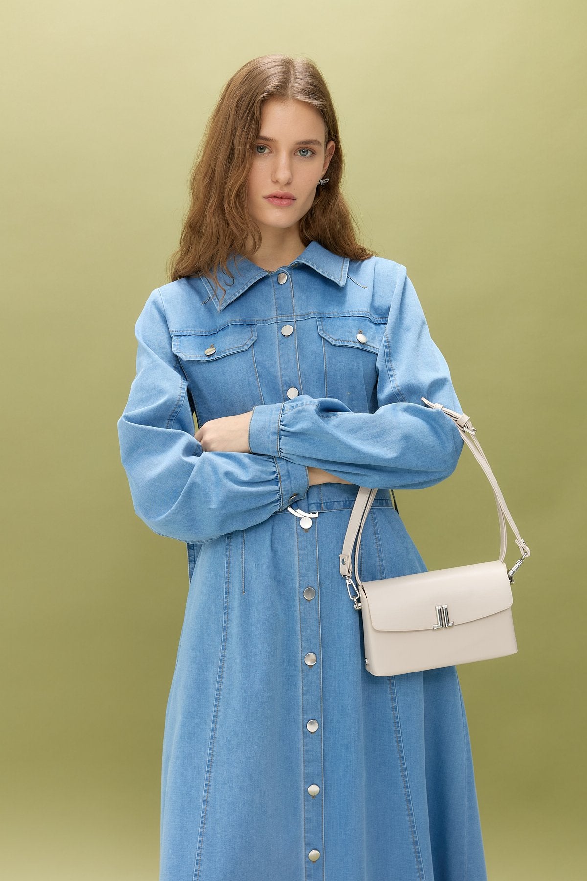 Önden Düğmeli Kot Denim Elbise - Buz