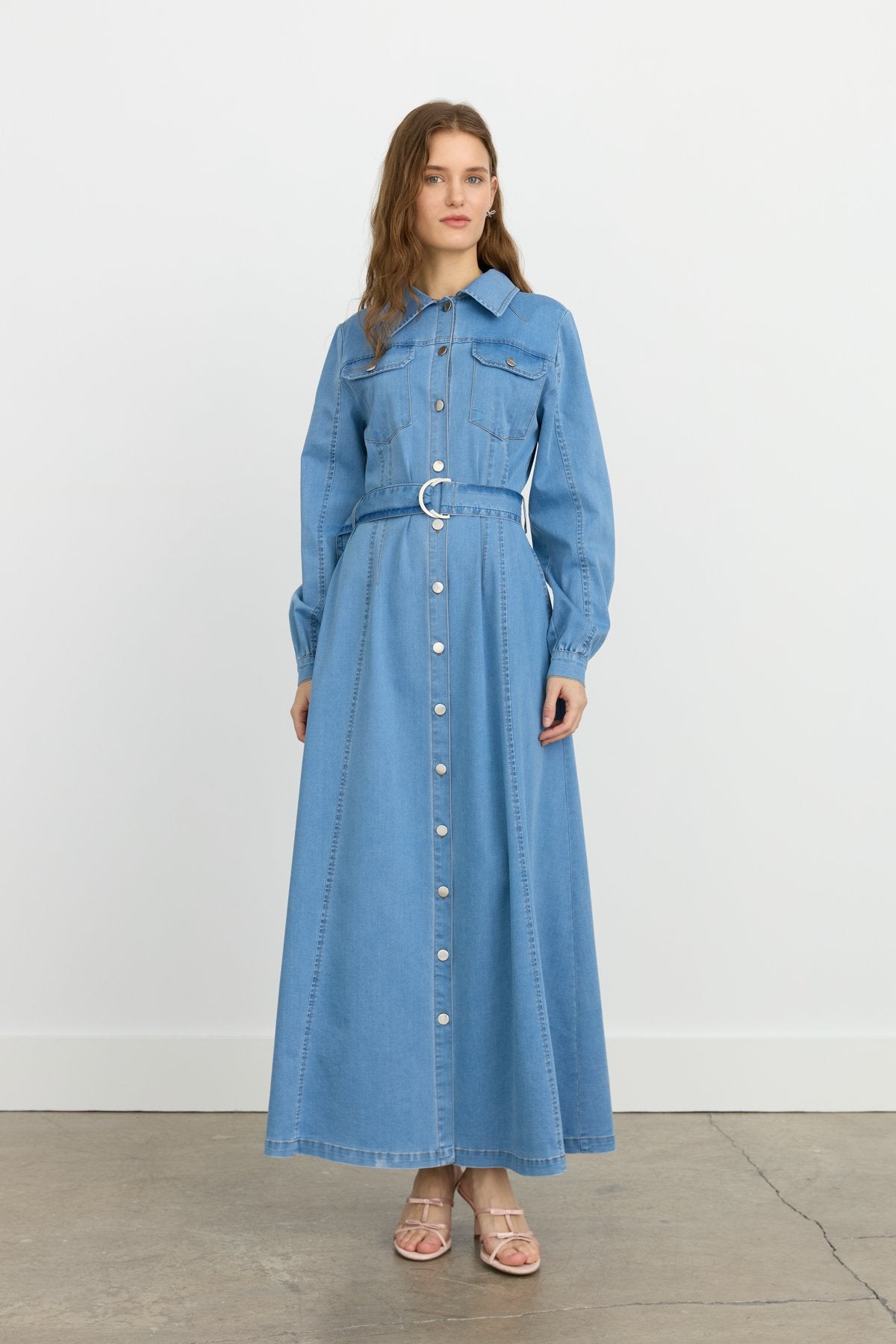 Önden Düğmeli Kot Denim Elbise - Buz