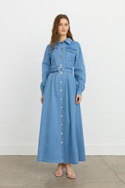 Önden Düğmeli Kot Denim Elbise - Buz