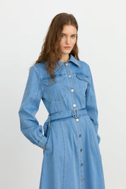 Önden Düğmeli Kot Denim Elbise - Buz