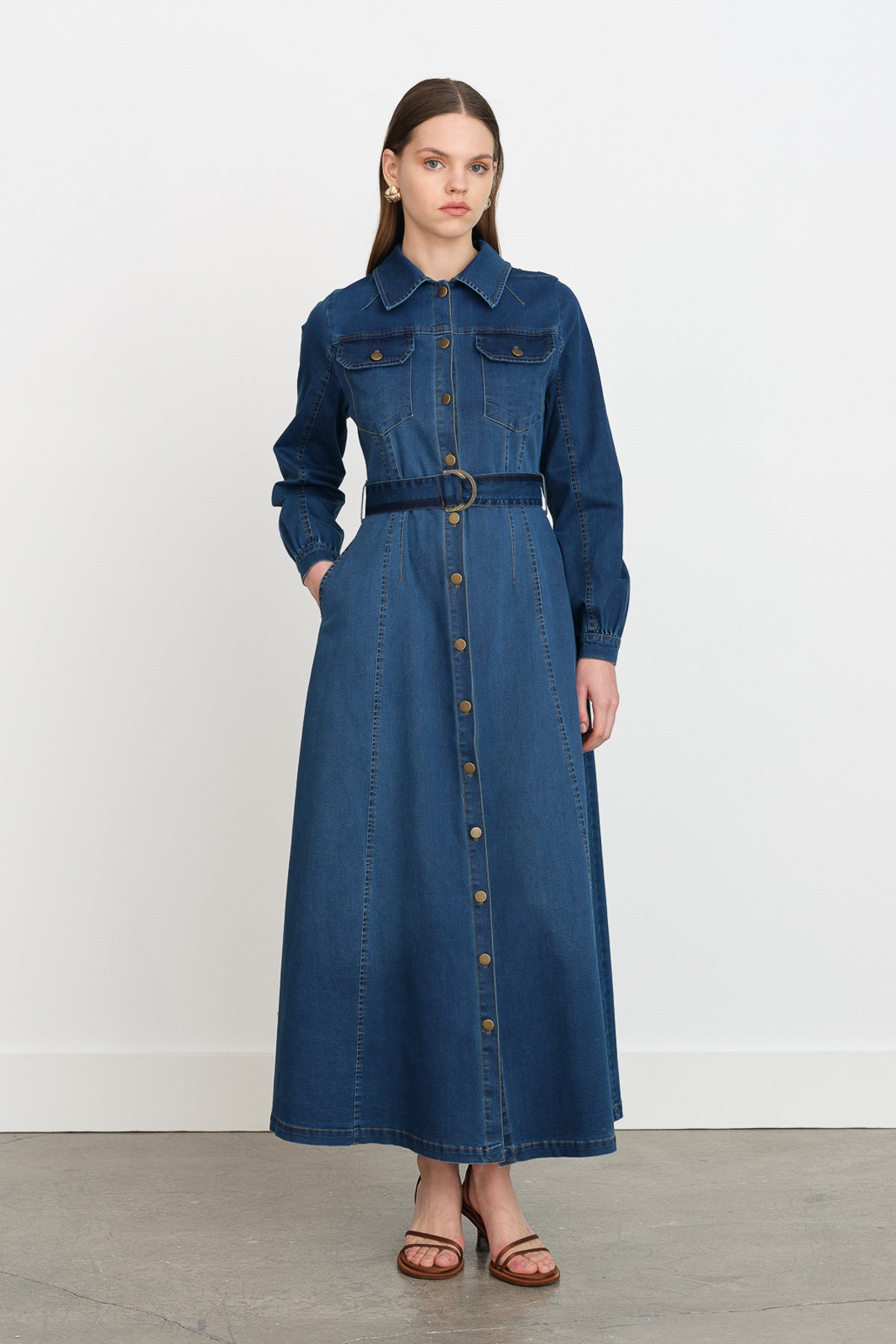 Button-Front Denim Dress - Indigo