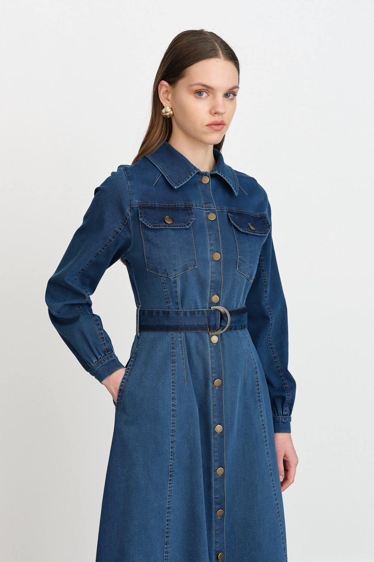 Button-Front Denim Dress - Indigo