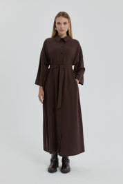 Önden Düğmeli Kuşaklı Modal Elbise - Kahve