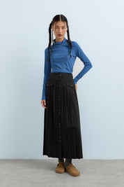 Önden Düğmeli Piliseli Etek - Füme