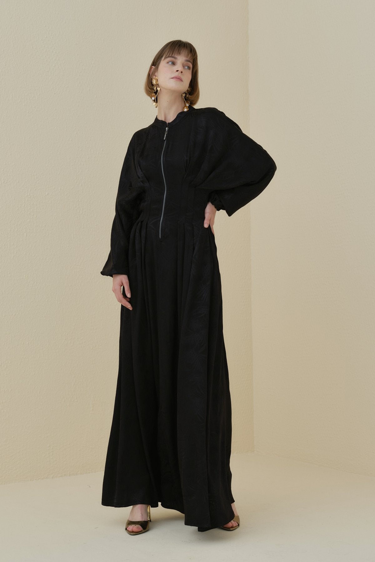 Front Zip Jacquard Dress - Black