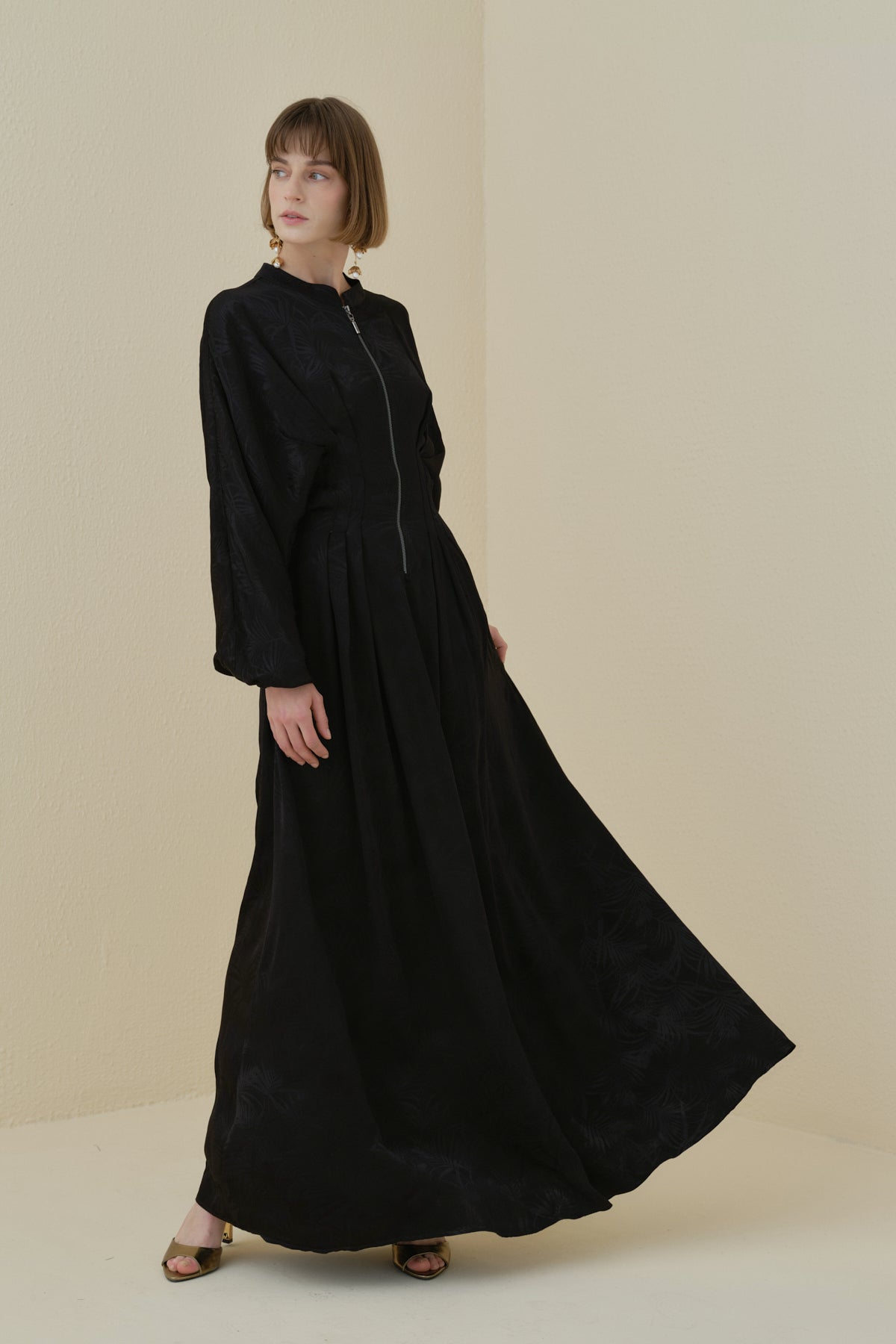 Front Zip Jacquard Dress - Black