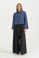 Pleated Wide-Leg Trousers - Navy