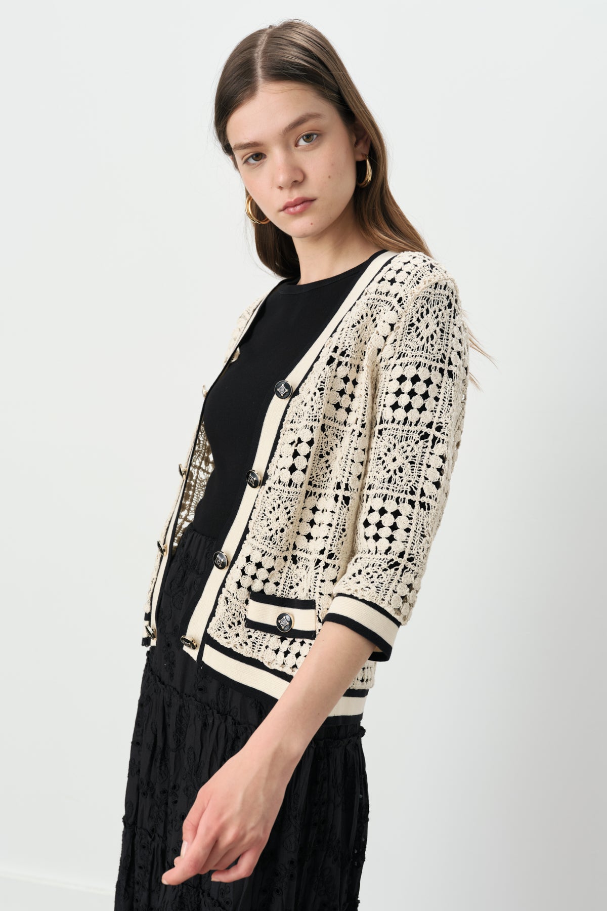 Short, Ribbed, Button-Front Embroidered Cardigan - Cream