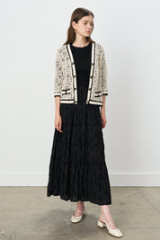 Short, Ribbed, Button-Front Embroidered Cardigan - Cream