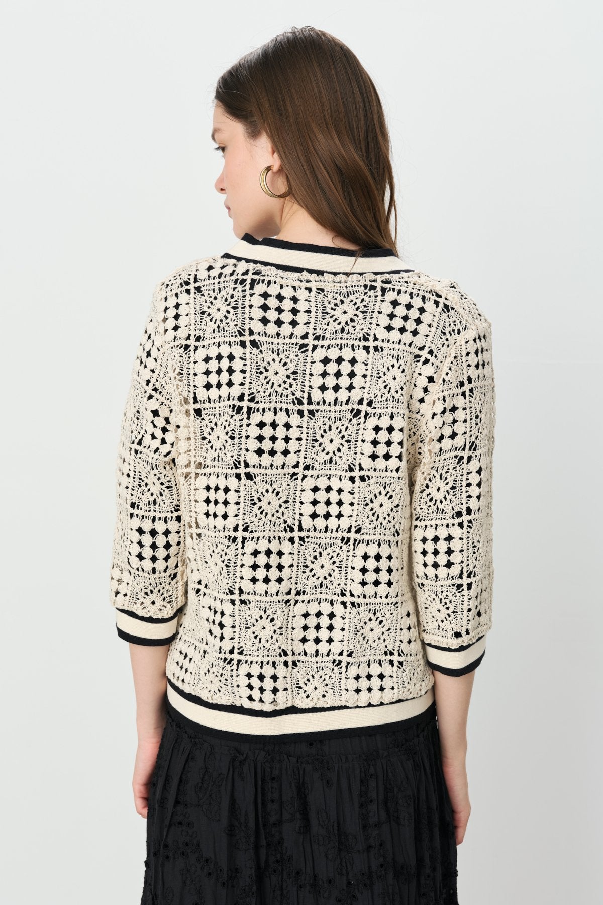 Short, Ribbed, Button-Front Embroidered Cardigan - Cream