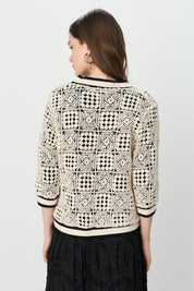 Short, Ribbed, Button-Front Embroidered Cardigan - Cream