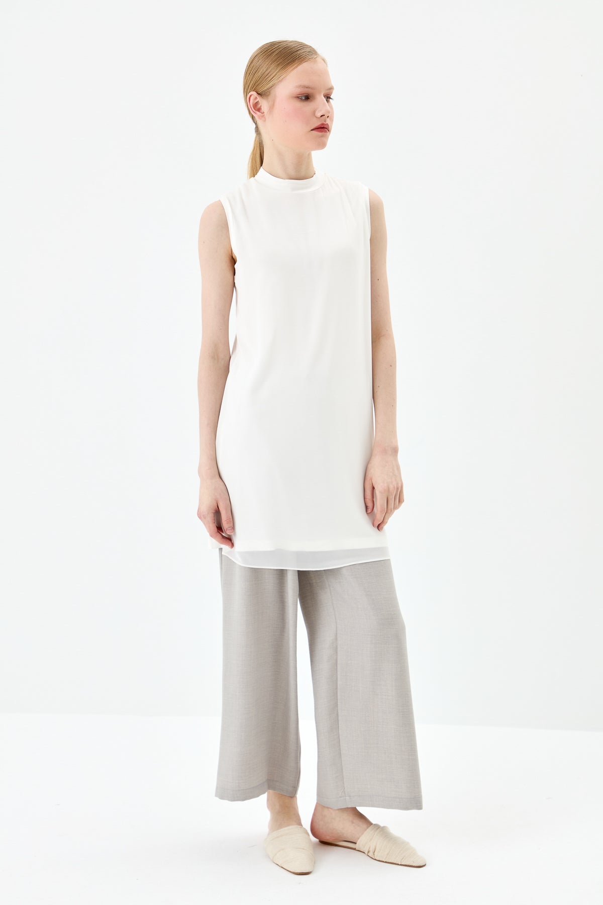 Sleeveless Cotton Undershirt with Chiffon Front - Ecru