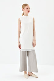 Sleeveless Cotton Undershirt with Chiffon Front - Ecru