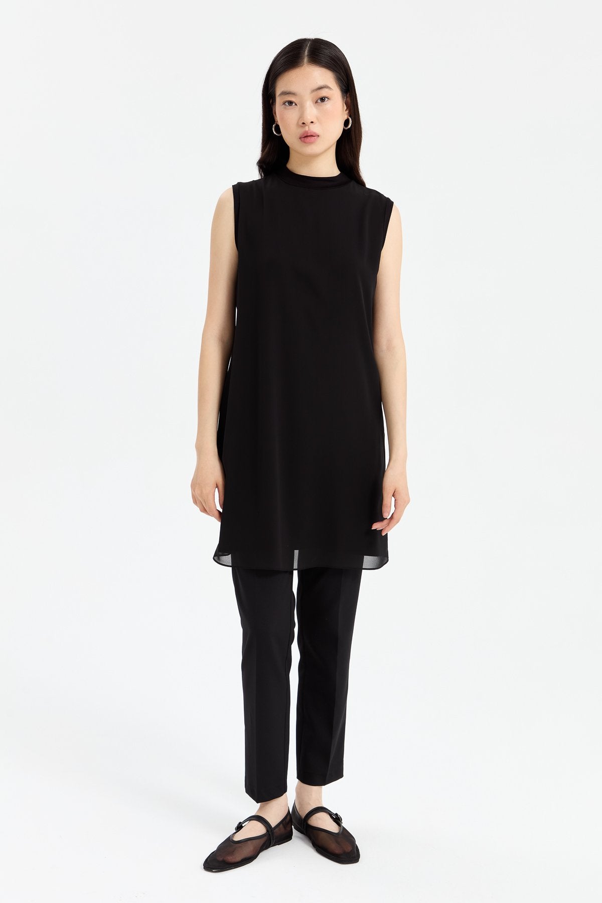 Sleeveless Cotton Undershirt with Chiffon Front - Black