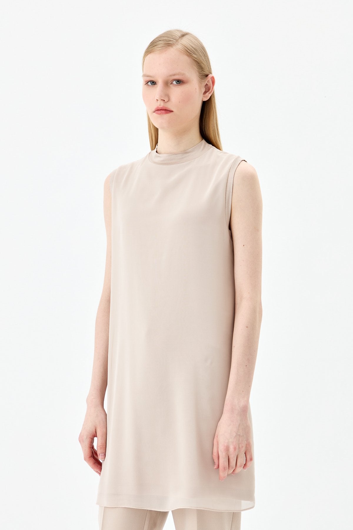 Sleeveless Cotton Undershirt with Chiffon Front - Stone