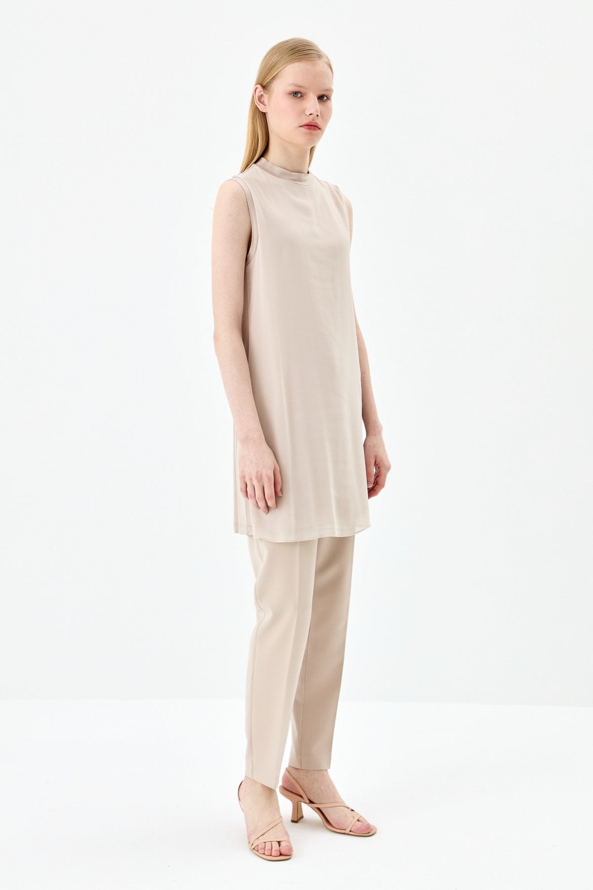 Sleeveless Cotton Undershirt with Chiffon Front - Stone