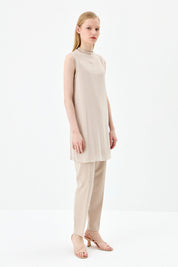 Sleeveless Cotton Undershirt with Chiffon Front - Stone