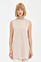 Sleeveless Cotton Undershirt with Chiffon Front - Stone