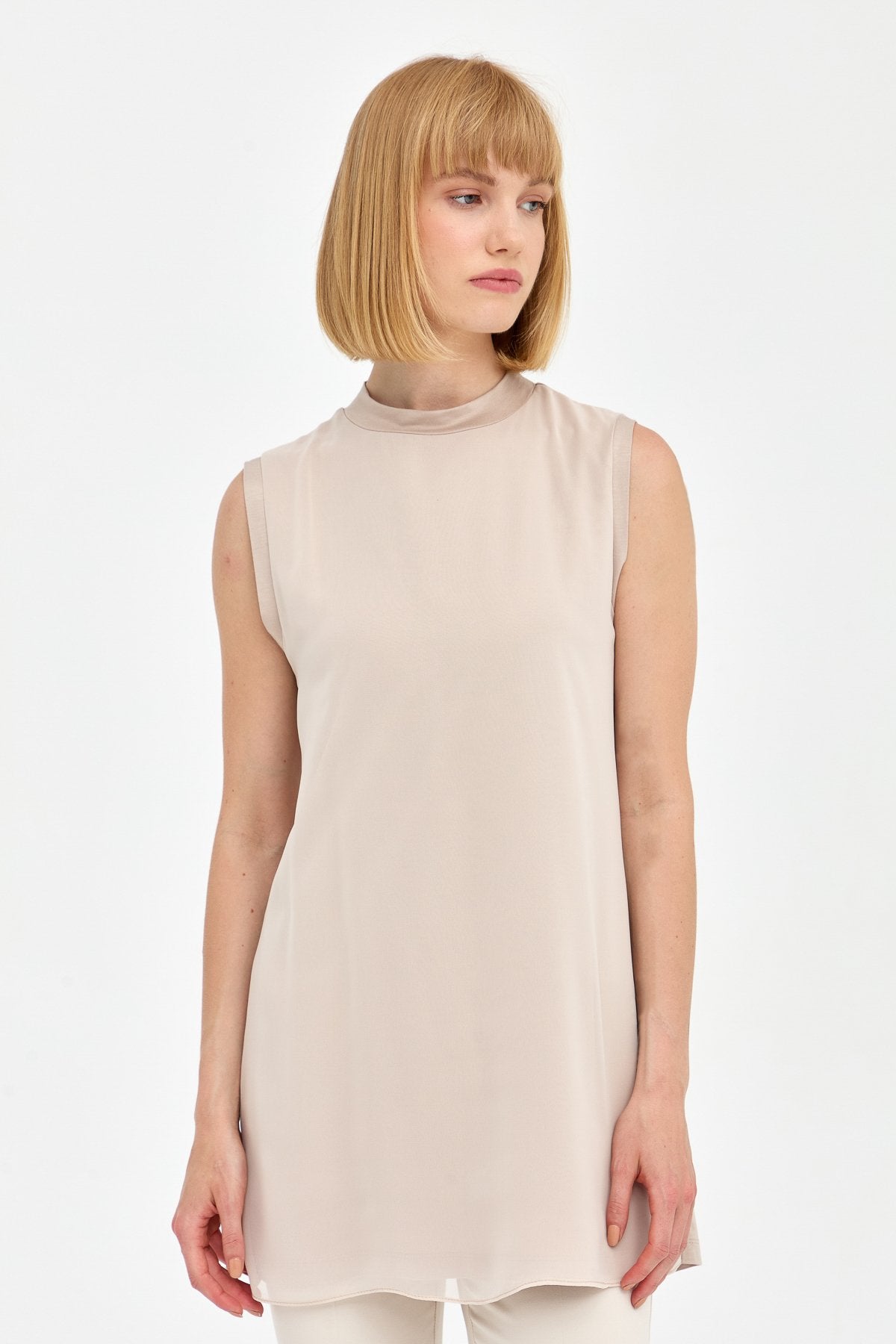 Sleeveless Cotton Undershirt with Chiffon Front - Stone