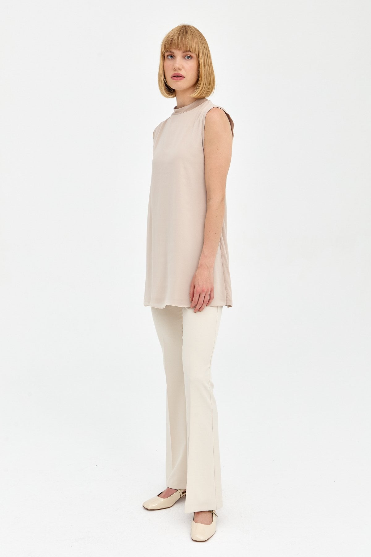 Sleeveless Cotton Undershirt with Chiffon Front - Stone