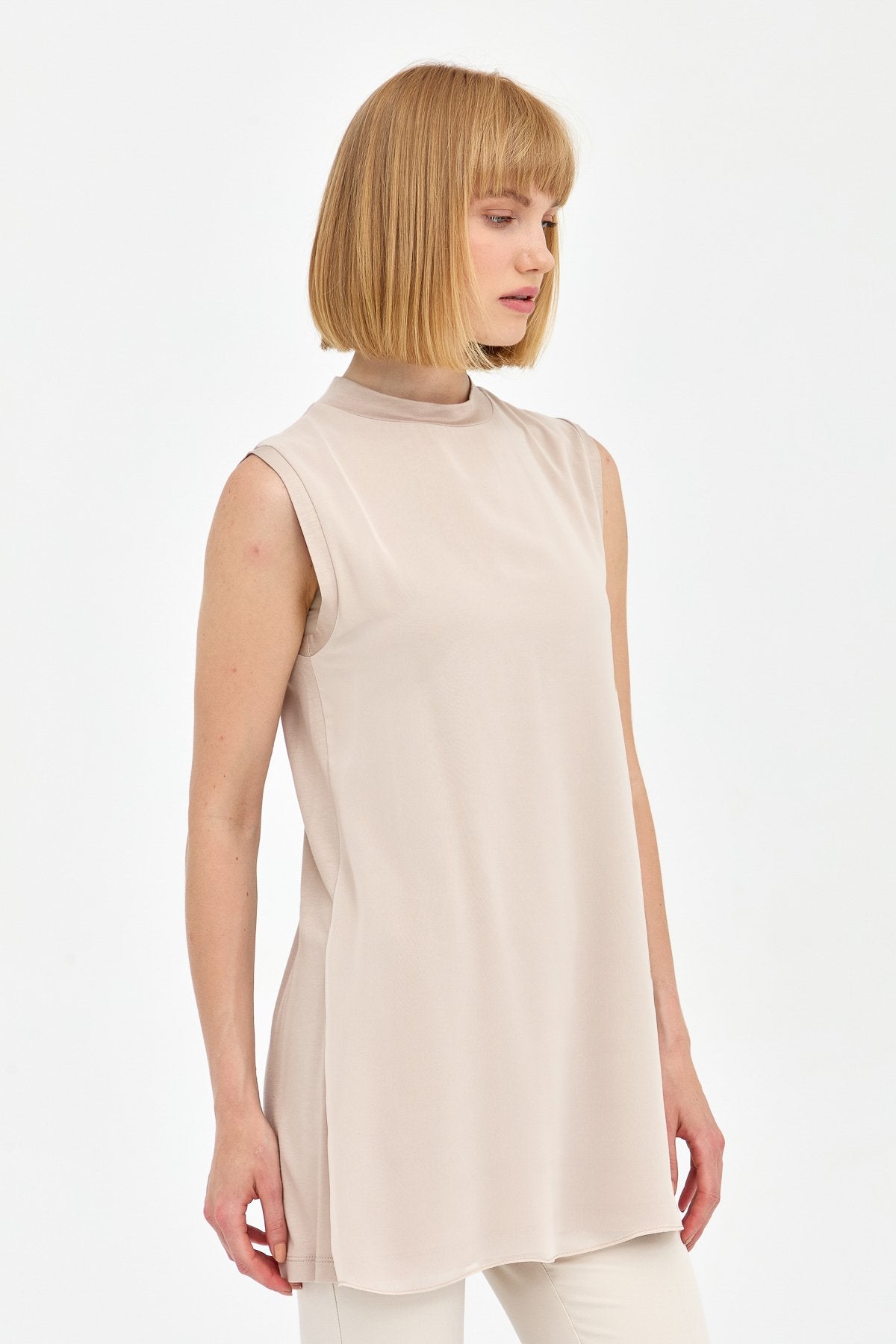 Sleeveless Cotton Undershirt with Chiffon Front - Stone