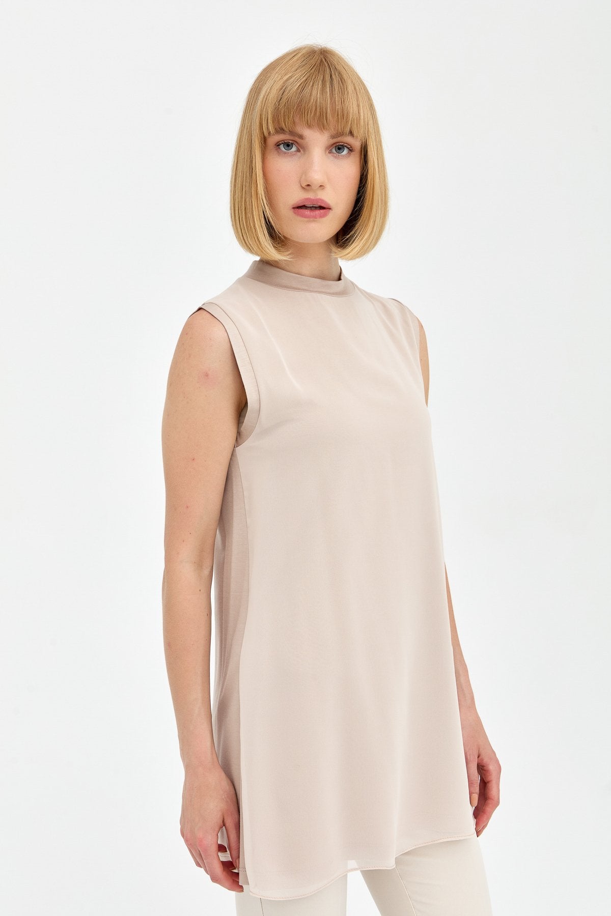 Sleeveless Cotton Undershirt with Chiffon Front - Stone