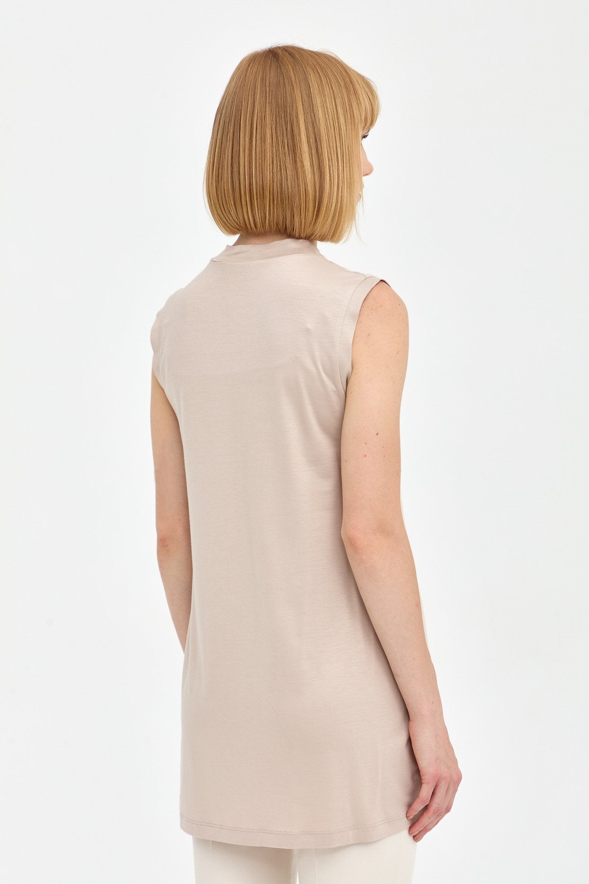 Sleeveless Cotton Undershirt with Chiffon Front - Stone