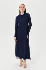 Cotton Jersey Dress with Chiffon Front - Navy Blue