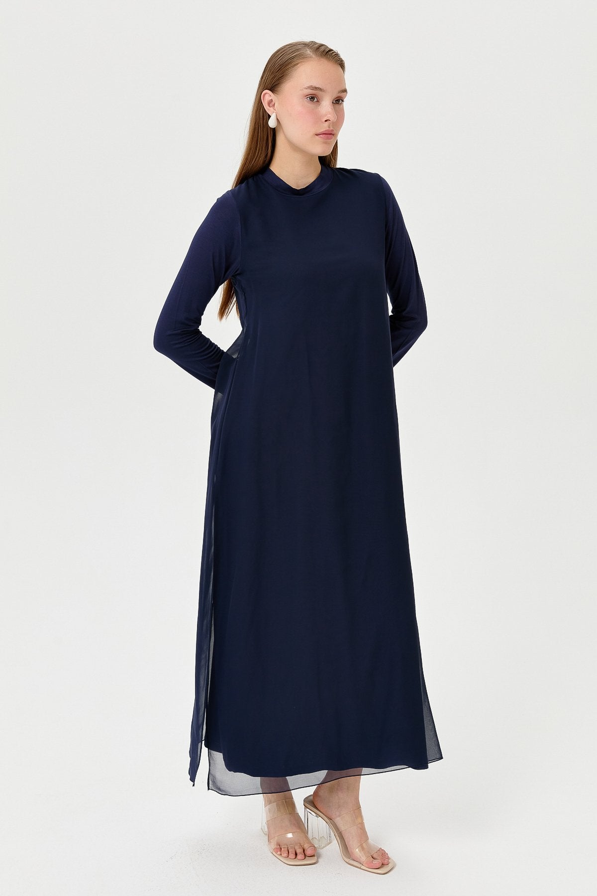 Cotton Jersey Dress with Chiffon Front - Navy Blue