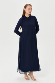 Cotton Jersey Dress with Chiffon Front - Navy Blue
