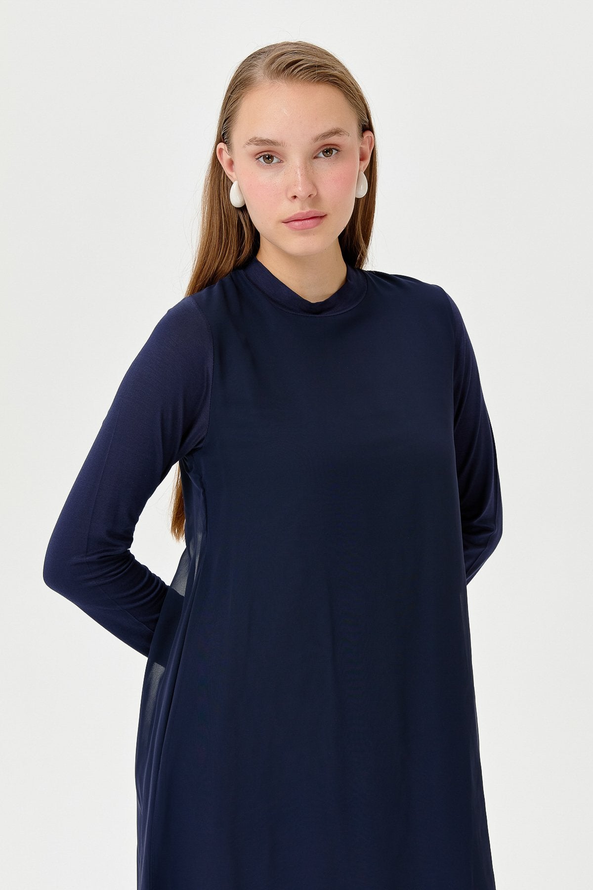Cotton Jersey Dress with Chiffon Front - Navy Blue
