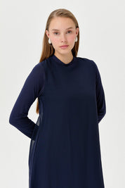 Cotton Jersey Dress with Chiffon Front - Navy Blue