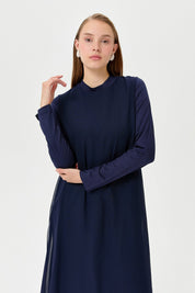 Cotton Jersey Dress with Chiffon Front - Navy Blue