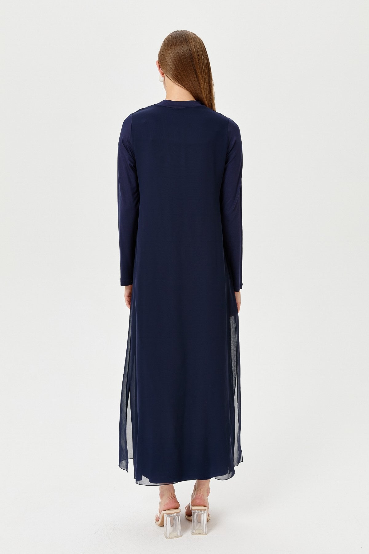 Cotton Jersey Dress with Chiffon Front - Navy Blue