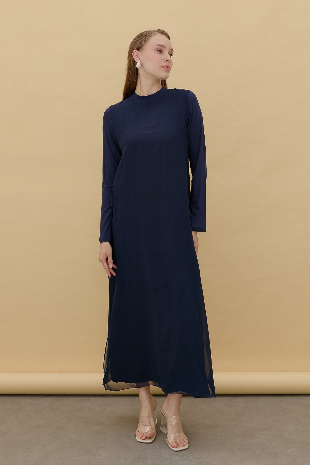 Cotton Jersey Dress with Chiffon Front - Navy Blue