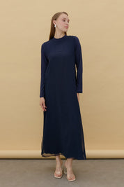 Cotton Jersey Dress with Chiffon Front - Navy Blue