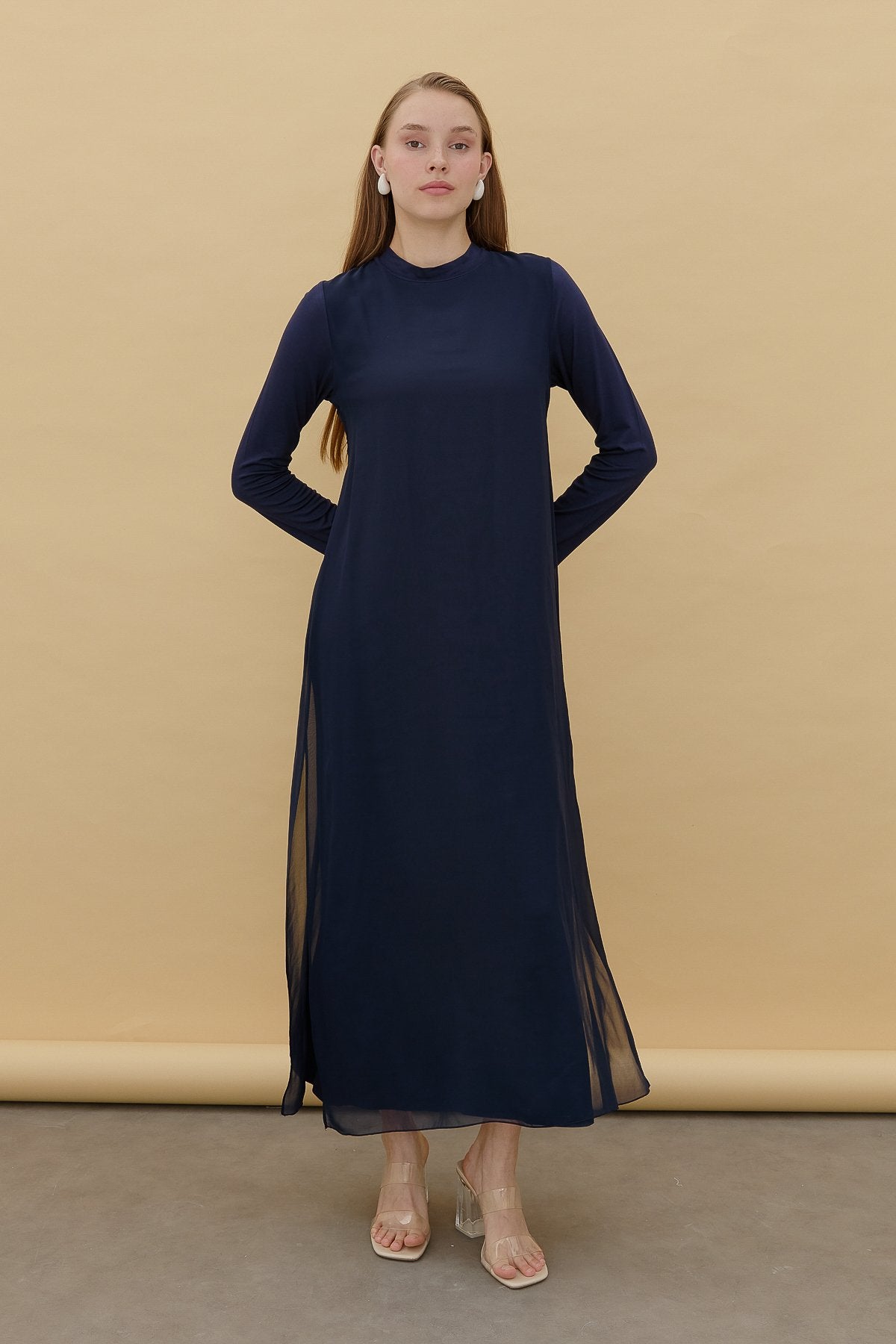 Cotton Jersey Dress with Chiffon Front - Navy Blue