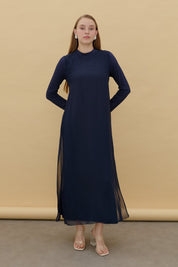 Cotton Jersey Dress with Chiffon Front - Navy Blue
