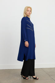 Stone-Embellished Straight-Cut Long Tunic - Navy Blue