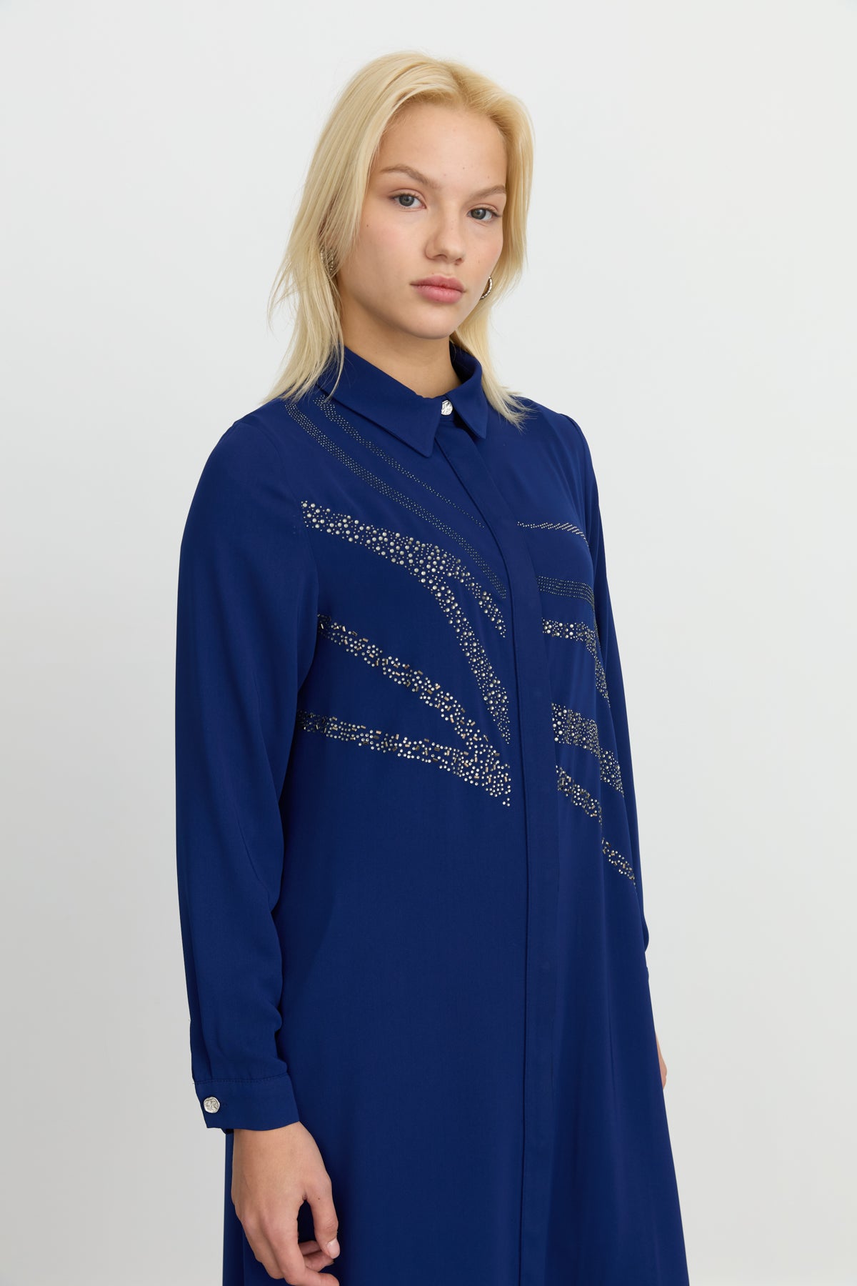 Stone-Embellished Straight-Cut Long Tunic - Navy Blue