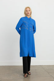 Long, Straight-Cut Tunic with Stone Embellishment at the Front - Navy Blue