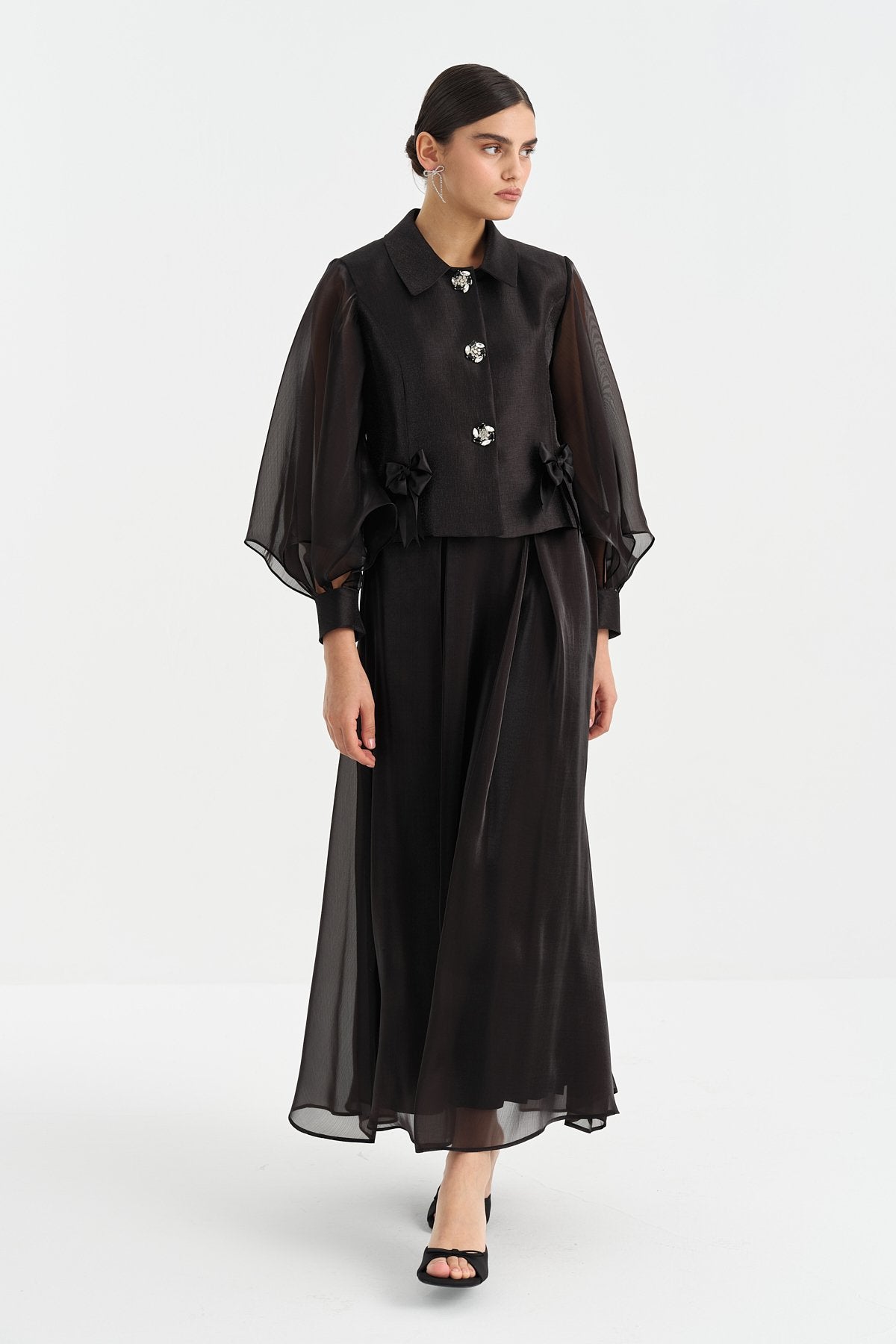 Organza Sleeve Skirt and Jacket Set - Black