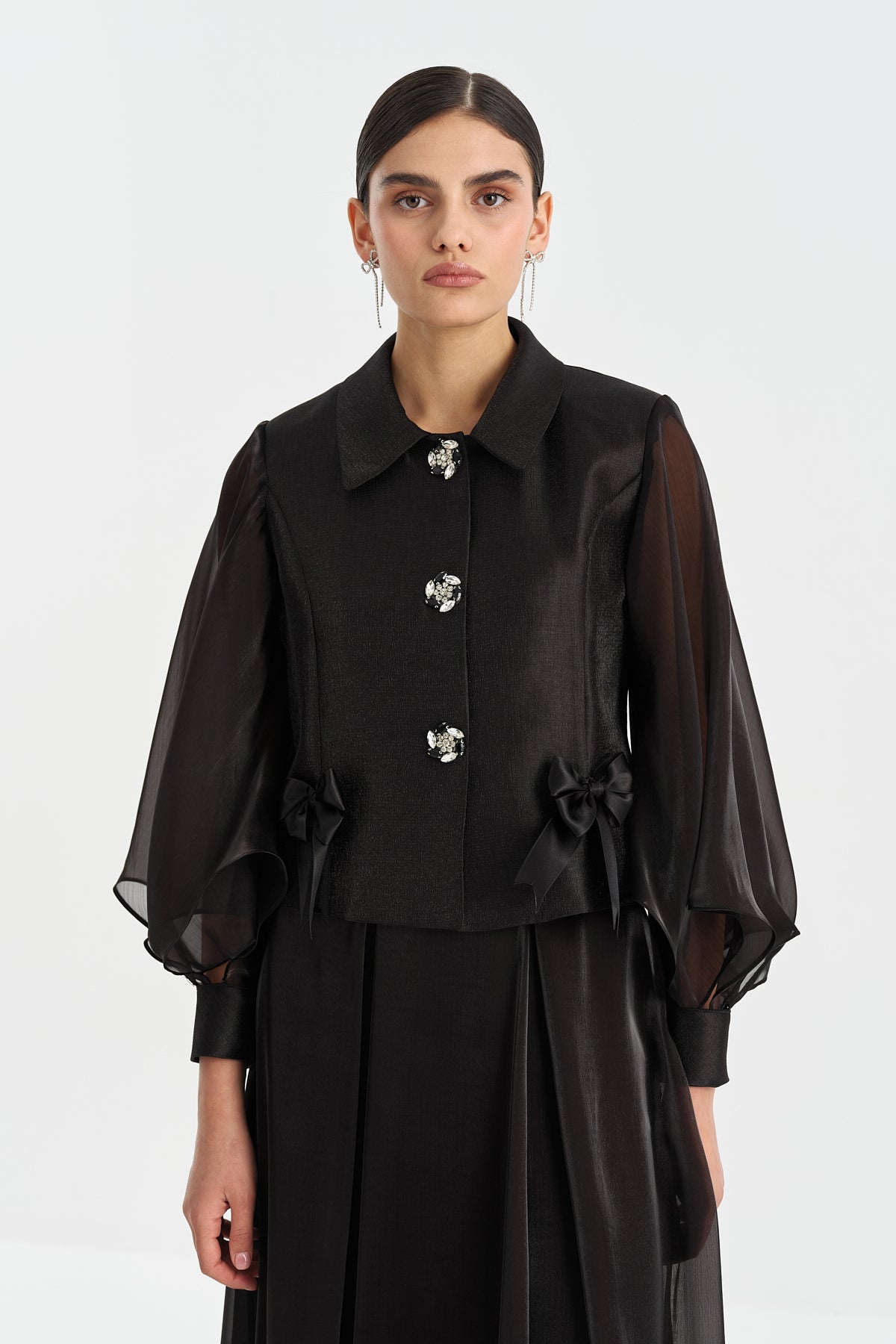 Organza Sleeve Skirt and Jacket Set - Black