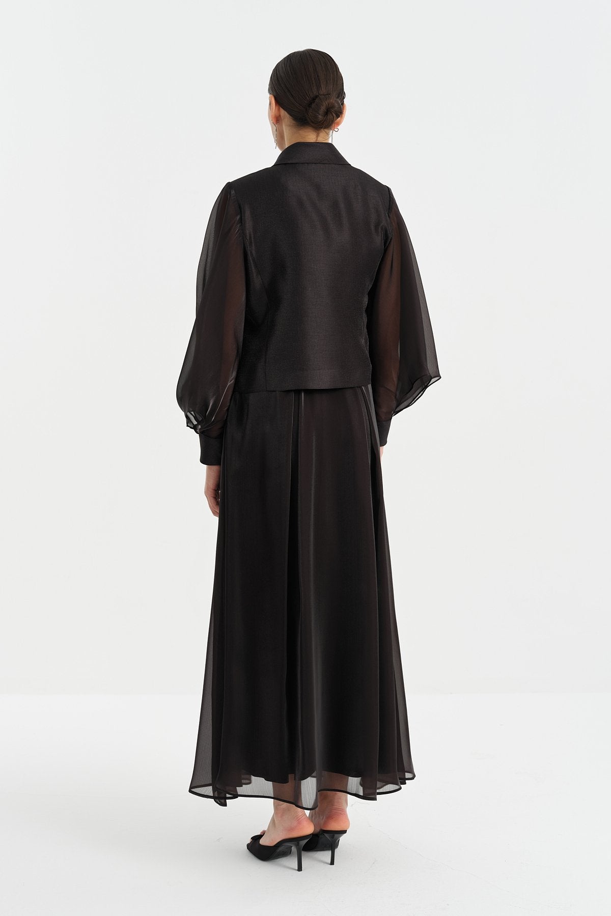 Organza Sleeve Skirt and Jacket Set - Black
