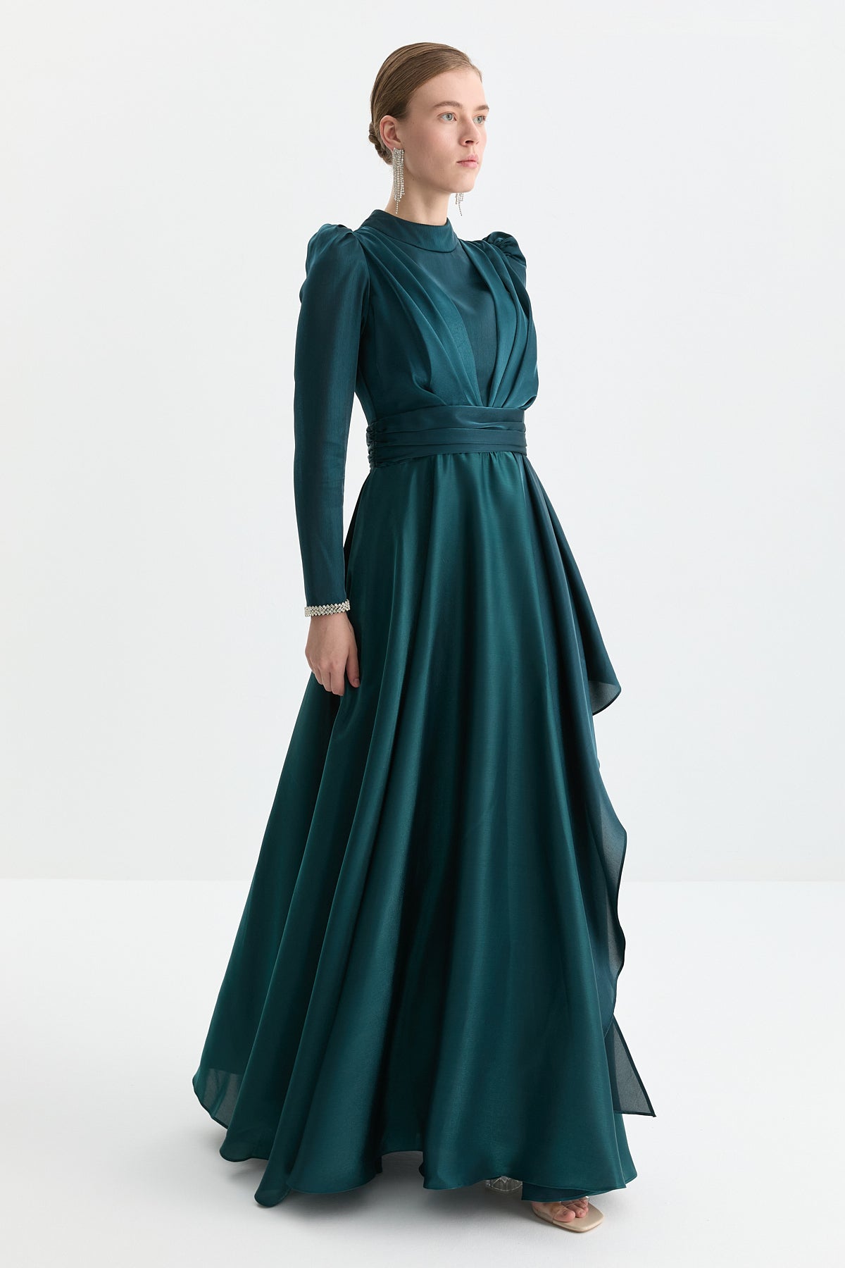 Organza Fabric Evening Dress - Emerald