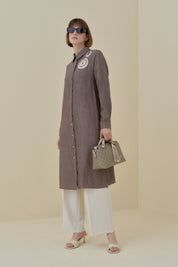 Knitted Floral Detail Viscose Tunic - Coffee