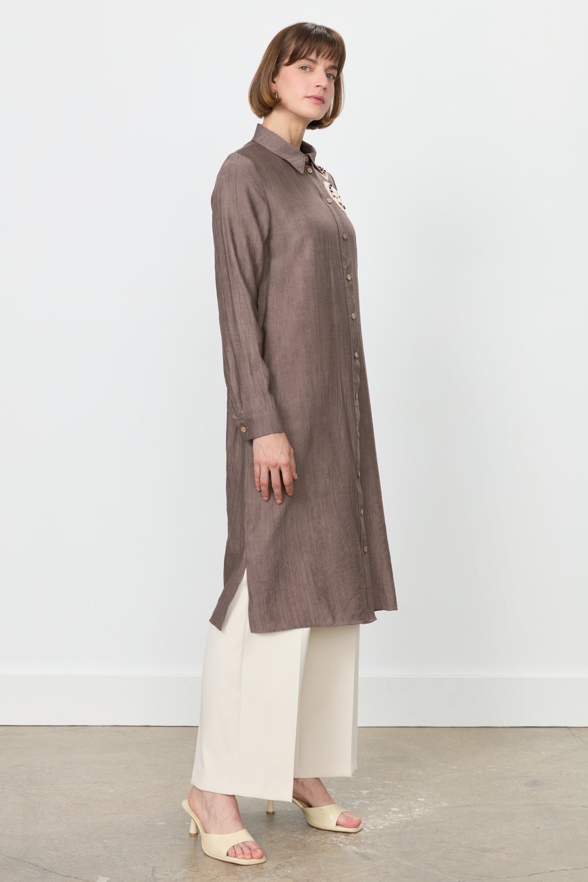 Knitted Floral Detail Viscose Tunic - Coffee