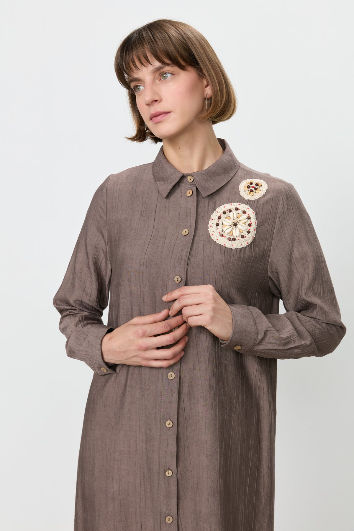 Knitted Floral Detail Viscose Tunic - Coffee